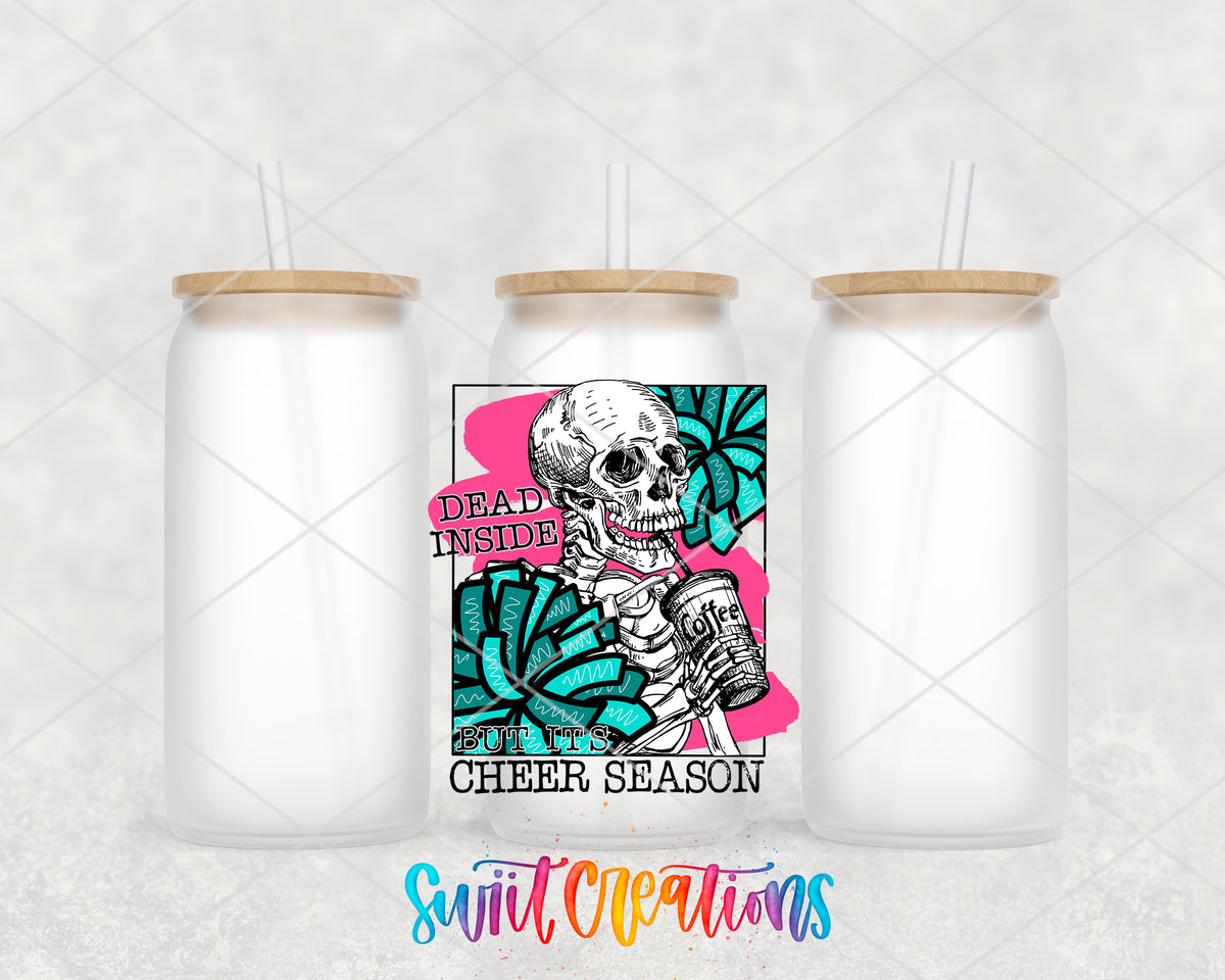 Dead Inside Cheer Season frosted glass tumbler group view with lids and straws
