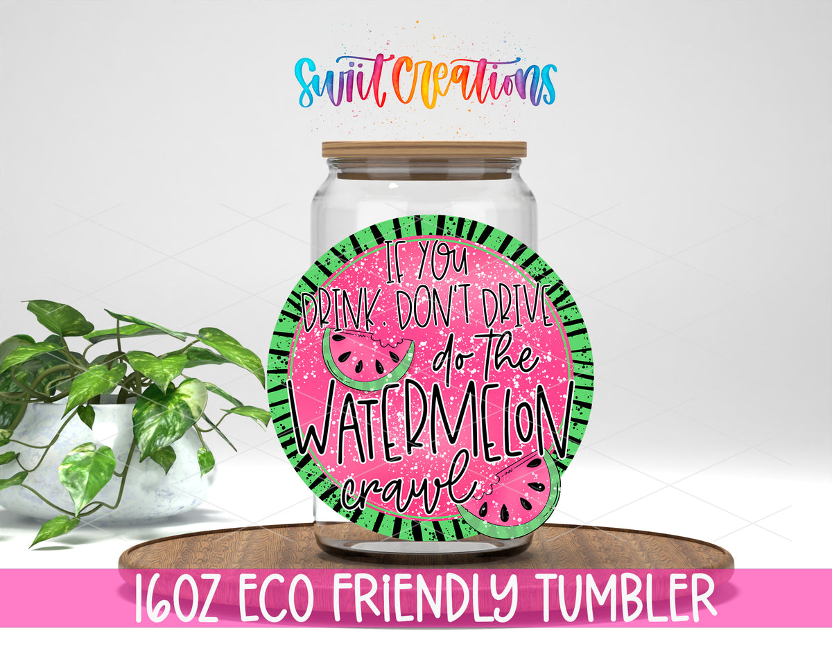 Watermelon Crawl design on a 16 oz clear glass tumbler with bamboo lid