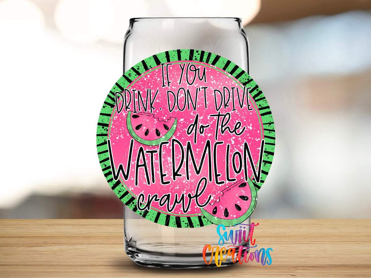 Watermelon Crawl design close-up on a clear glass can tumbler