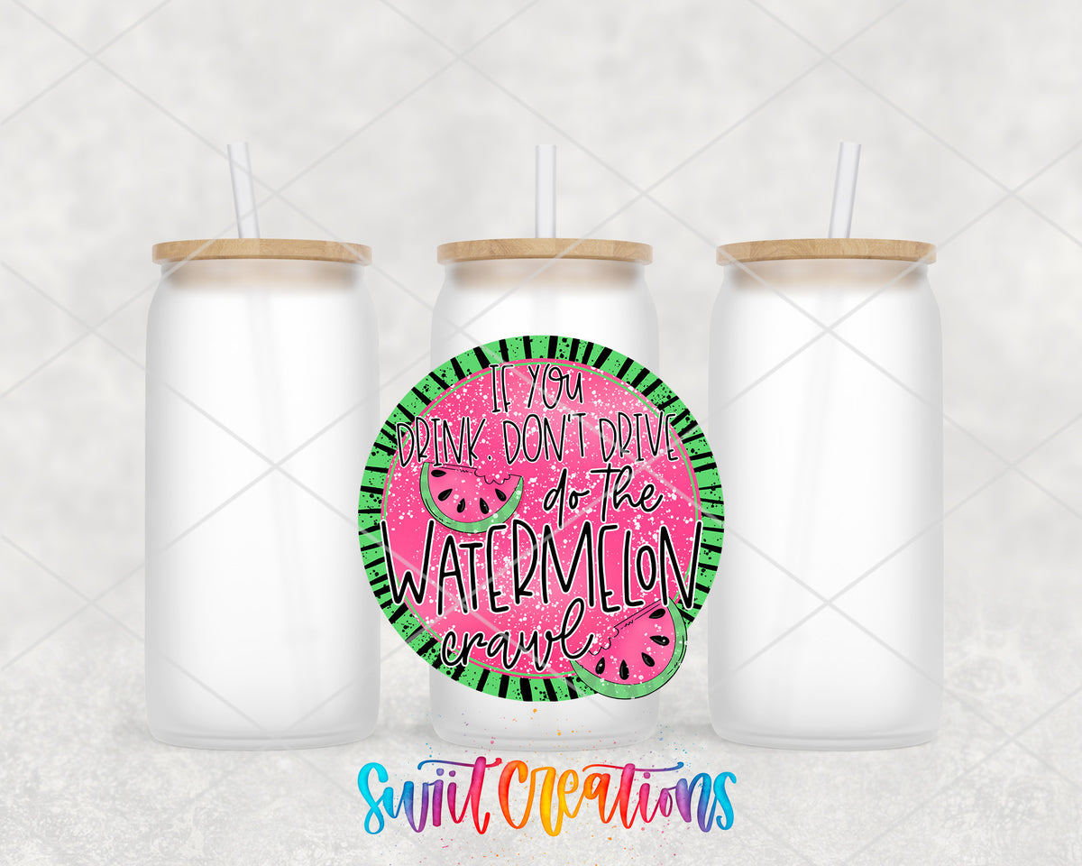 Watermelon Crawl frosted glass tumbler group view with lids and straws