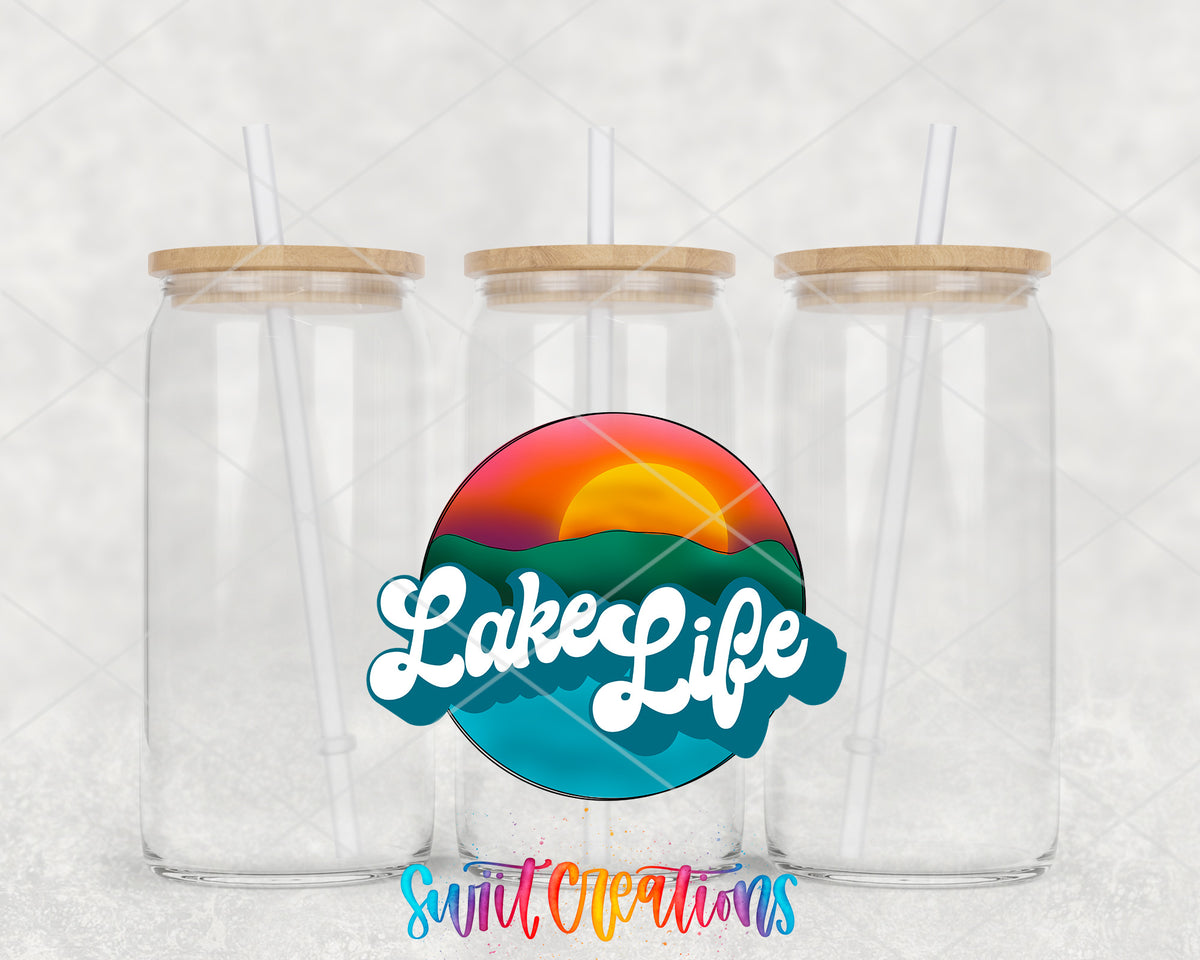 Sunset Lake Life clear glass tumbler group mockup with bamboo lids and straws