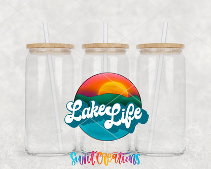 Sunset Lake Life clear glass tumbler group mockup with bamboo lids and straws