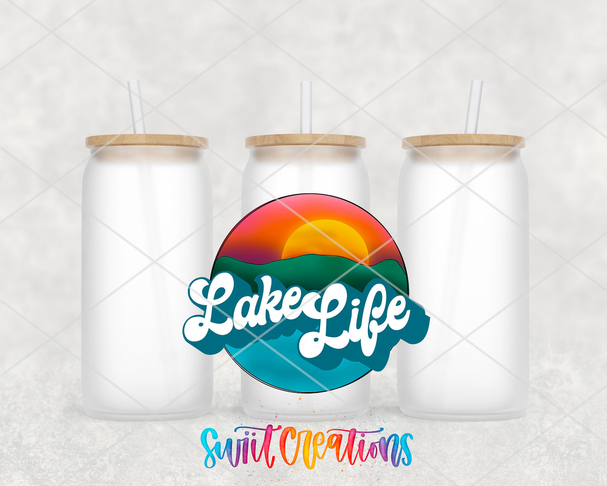 Sunset Lake Life frosted glass tumbler group view with lids and straws
