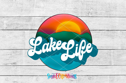 Sunset Lake Life artwork detail for the finished 16 oz tumbler