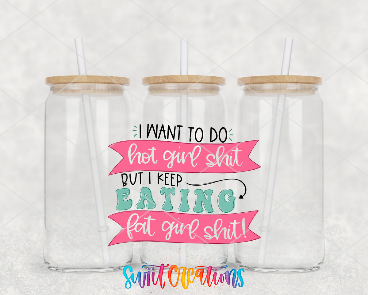 Hot Girl Shit clear glass tumbler group mockup with bamboo lids and straws
