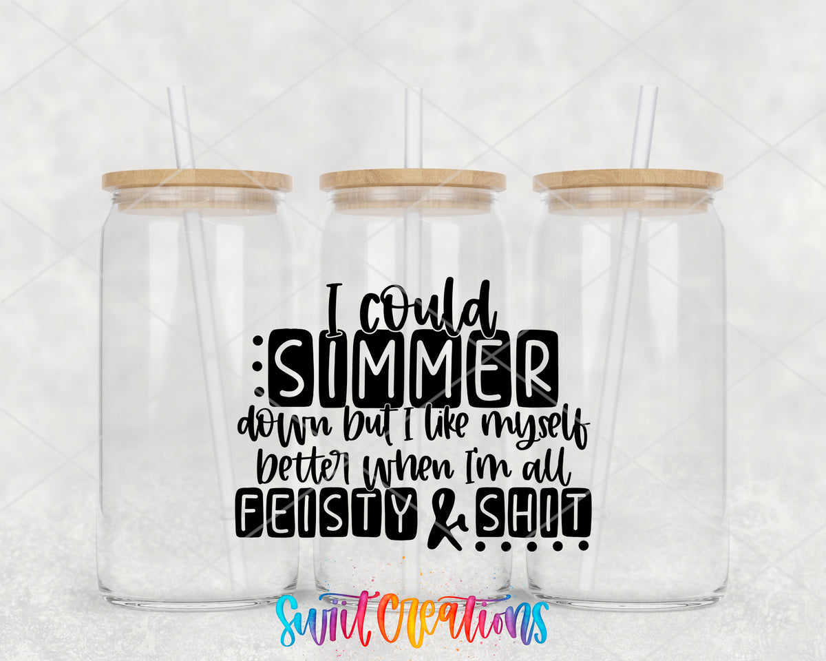 Simmer Down Feisty clear glass tumbler group mockup with bamboo lids and straws