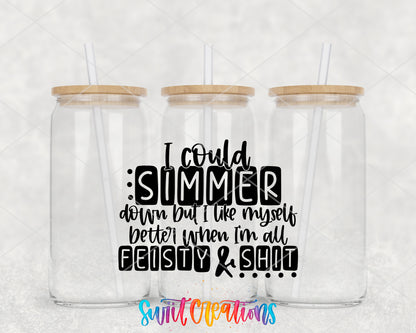 Simmer Down Feisty clear glass tumbler group mockup with bamboo lids and straws