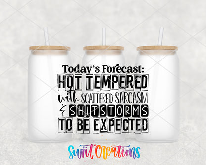 Today Forecast Hot Tempered frosted glass tumbler group view with lids and straws