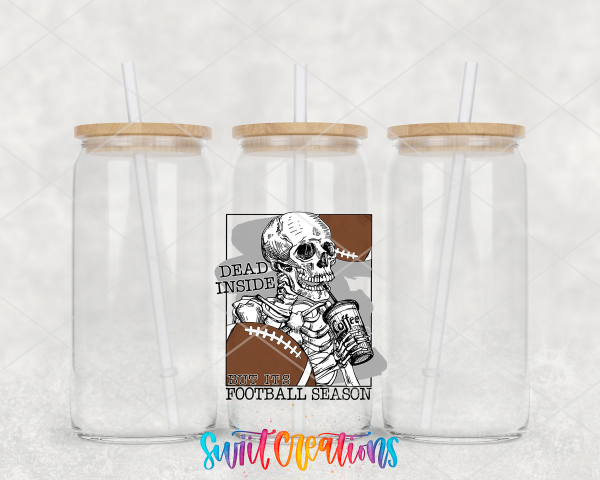 Dead Inside Football Season clear glass tumbler group mockup with bamboo lids and straws