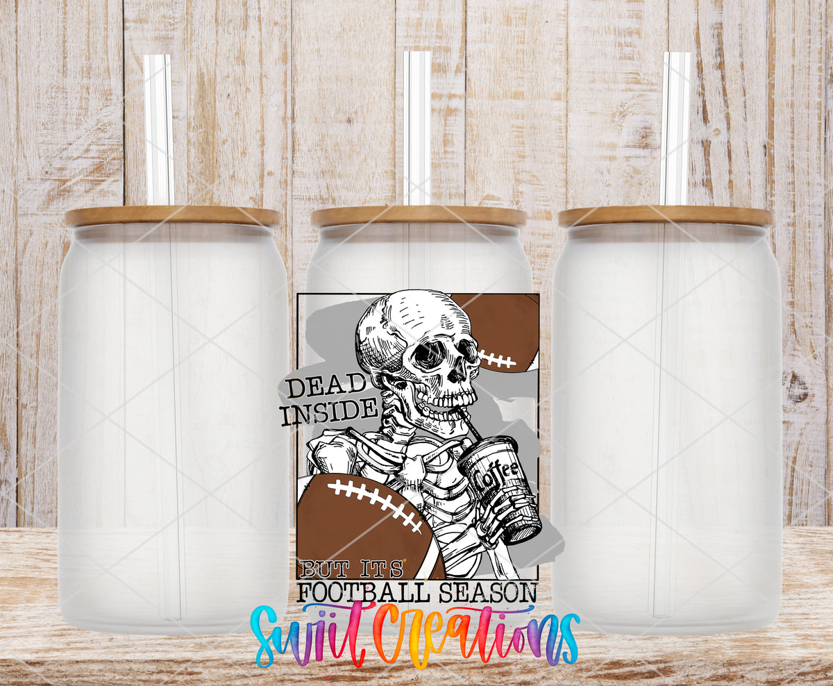 Dead Inside Football Season frosted glass tumbler mockup with bamboo lids and straws