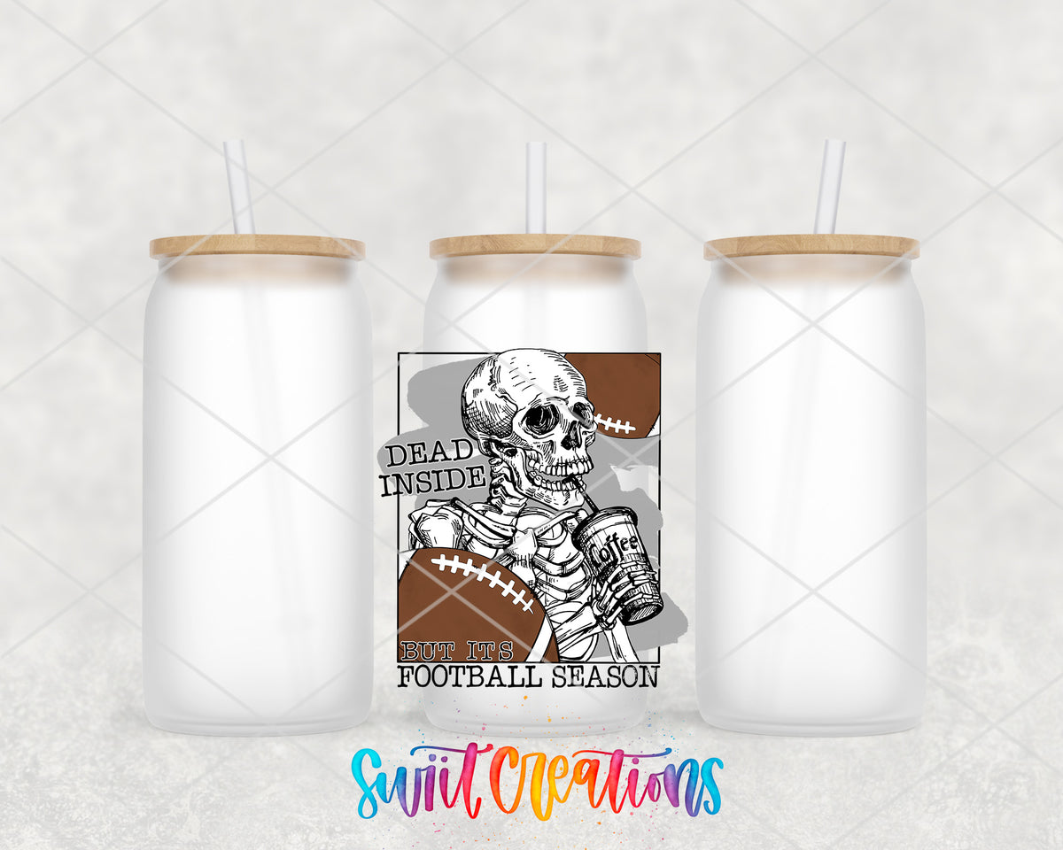 Dead Inside Football Season frosted glass tumbler group view with lids and straws