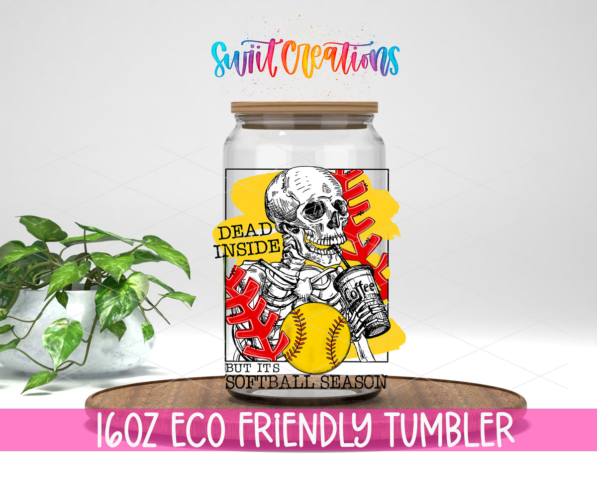 Dead Inside Softball Season design on a 16 oz clear glass tumbler with bamboo lid