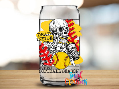 Dead Inside Softball Season design close-up on a clear glass can tumbler