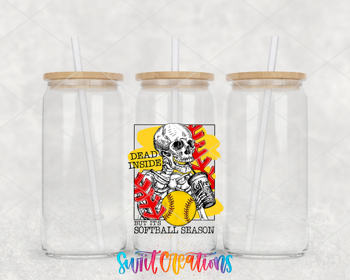 Dead Inside Softball Season clear glass tumbler group mockup with bamboo lids and straws