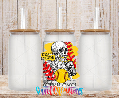 Dead Inside Softball Season frosted glass tumbler mockup with bamboo lids and straws