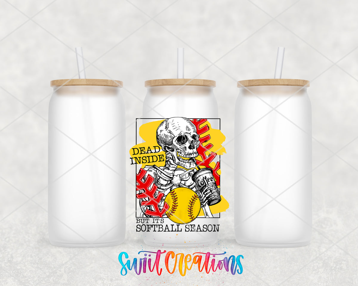 Dead Inside Softball Season frosted glass tumbler group view with lids and straws
