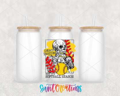 Dead Inside Softball Season frosted glass tumbler group view with lids and straws