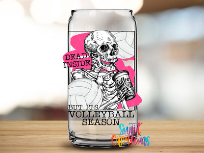 Dead Inside Volleyball Season design close-up on a clear glass can tumbler