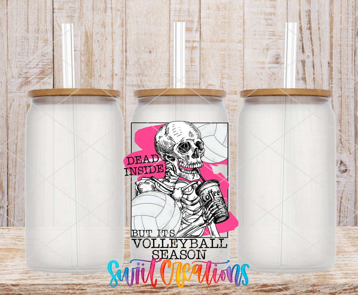 Dead Inside Volleyball Season frosted glass tumbler mockup with bamboo lids and straws