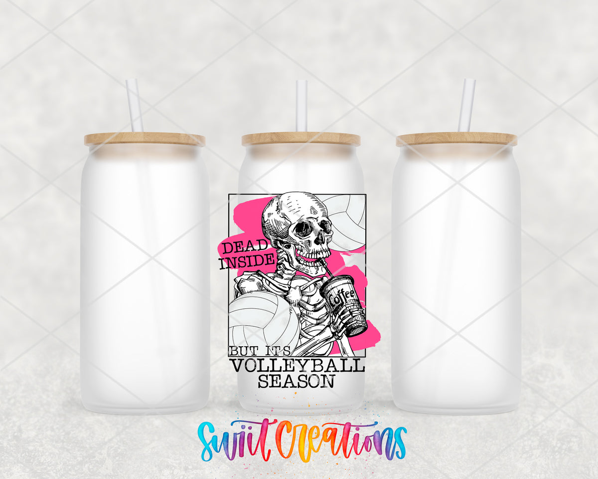 Dead Inside Volleyball Season frosted glass tumbler group view with lids and straws