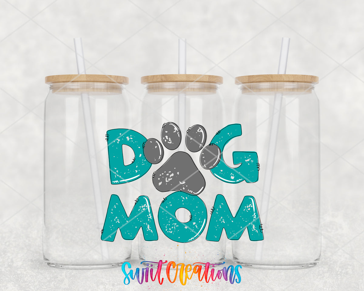 Teal Dog Mom clear glass tumbler group mockup with bamboo lids and straws