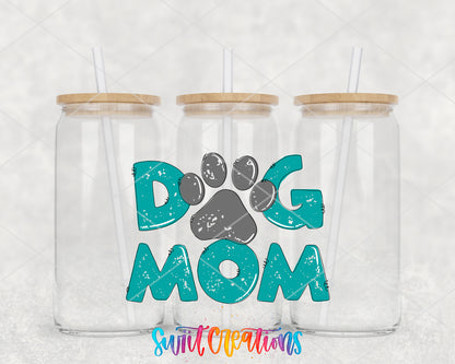 Teal Dog Mom clear glass tumbler group mockup with bamboo lids and straws