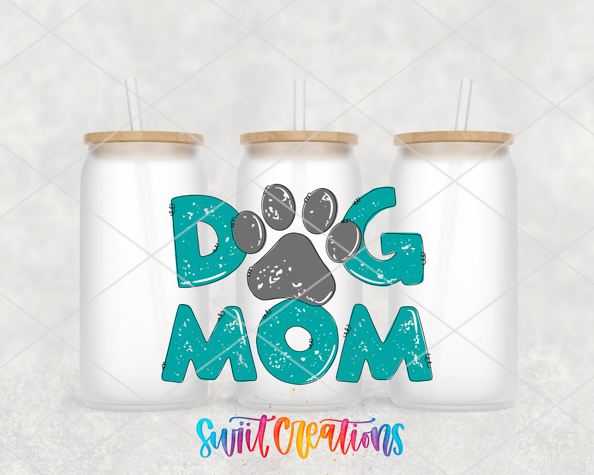 Teal Dog Mom frosted glass tumbler group view with lids and straws