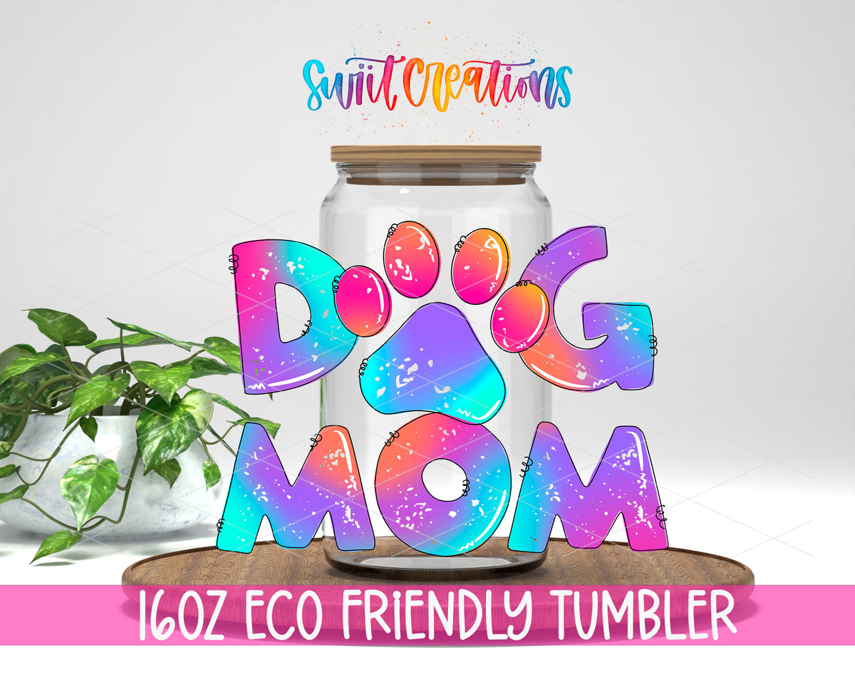 Tie Dye Dog Mom design on a 16 oz clear glass tumbler with bamboo lid