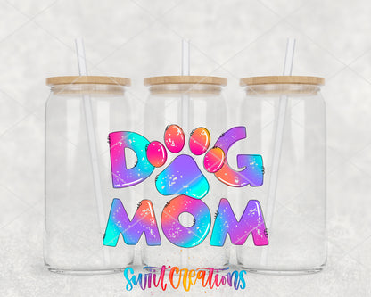 Tie Dye Dog Mom clear glass tumbler group mockup with bamboo lids and straws