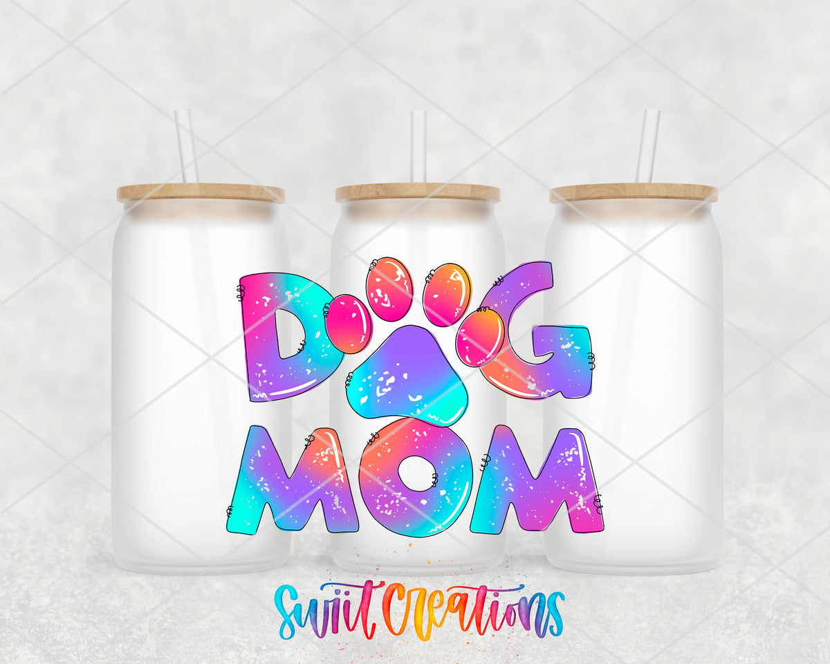 Tie Dye Dog Mom frosted glass tumbler group view with lids and straws
