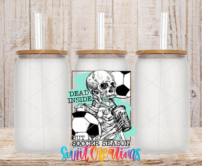 Dead Inside Soccer Season frosted glass tumbler mockup with bamboo lids and straws