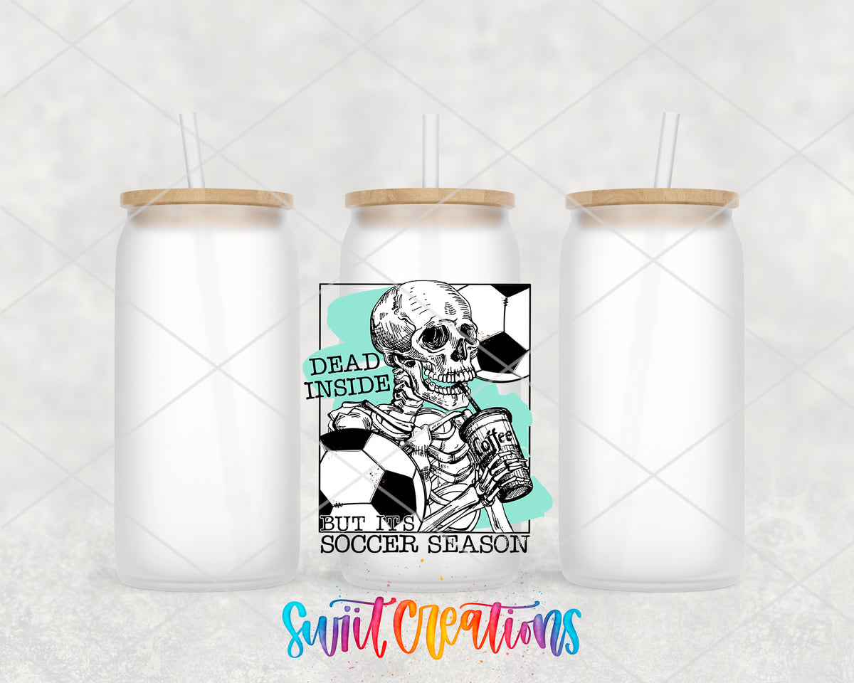 Dead Inside Soccer Season frosted glass tumbler group view with lids and straws