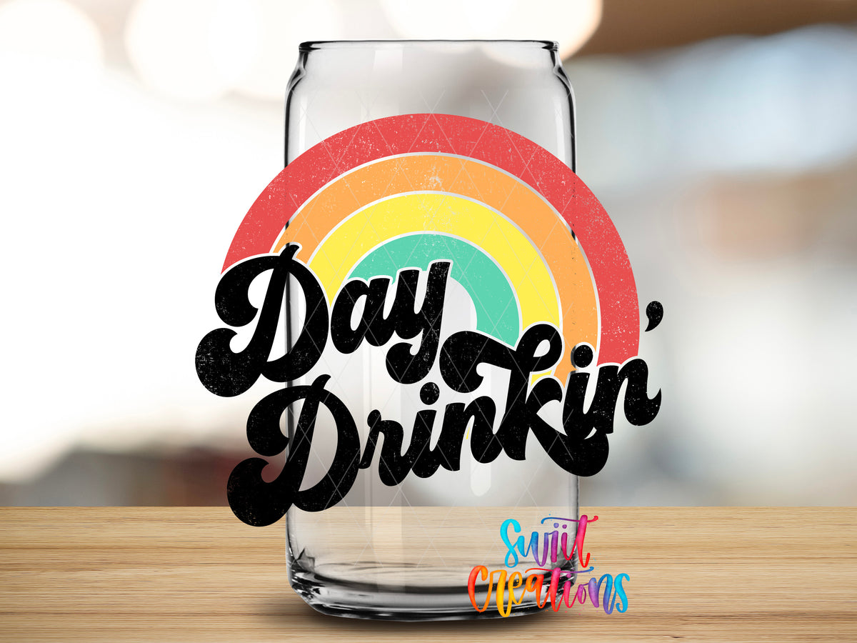 Day Drinkin Rainbow design close-up on a clear glass can tumbler