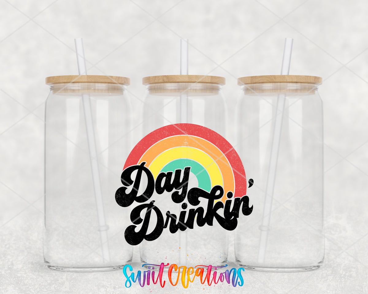 Day Drinkin Rainbow clear glass tumbler group mockup with bamboo lids and straws