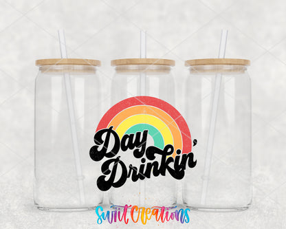 Day Drinkin Rainbow clear glass tumbler group mockup with bamboo lids and straws