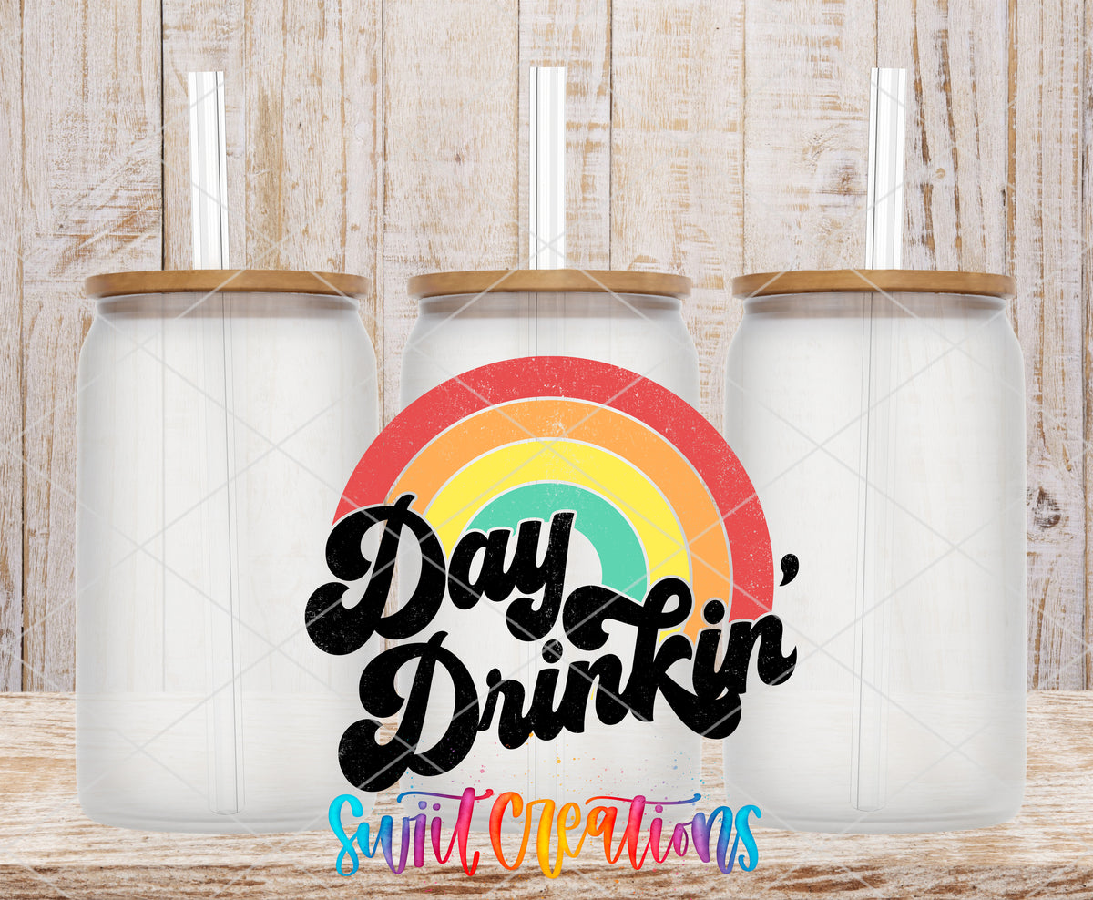 Day Drinkin Rainbow frosted glass tumbler mockup with bamboo lids and straws