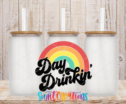 Day Drinkin Rainbow frosted glass tumbler mockup with bamboo lids and straws
