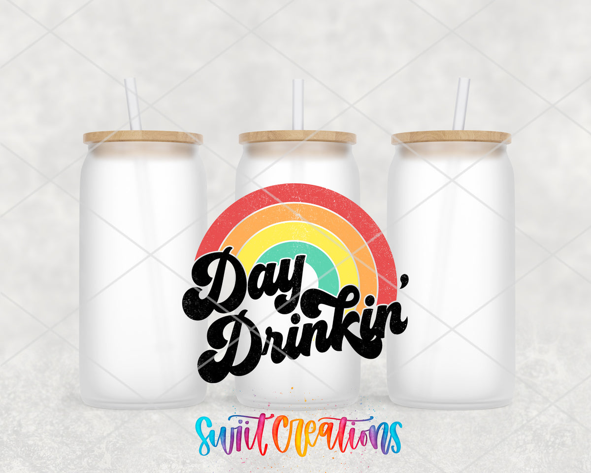 Day Drinkin Rainbow frosted glass tumbler group view with lids and straws