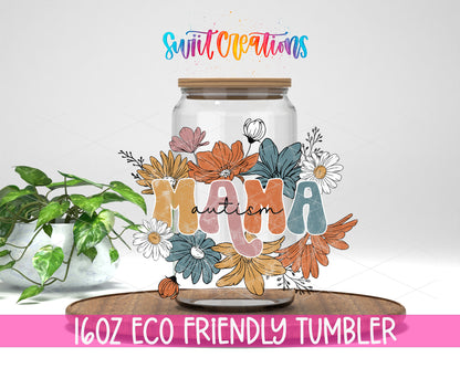 Autism Mama Floral design on a 16 oz clear glass tumbler with bamboo lid