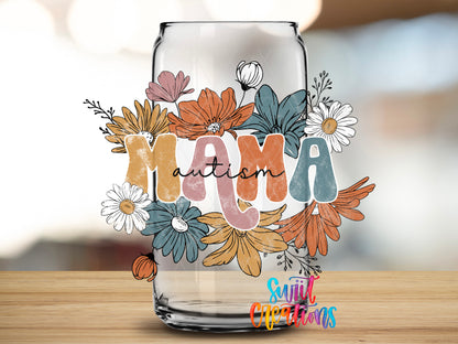 Autism Mama Floral design close-up on a clear glass can tumbler
