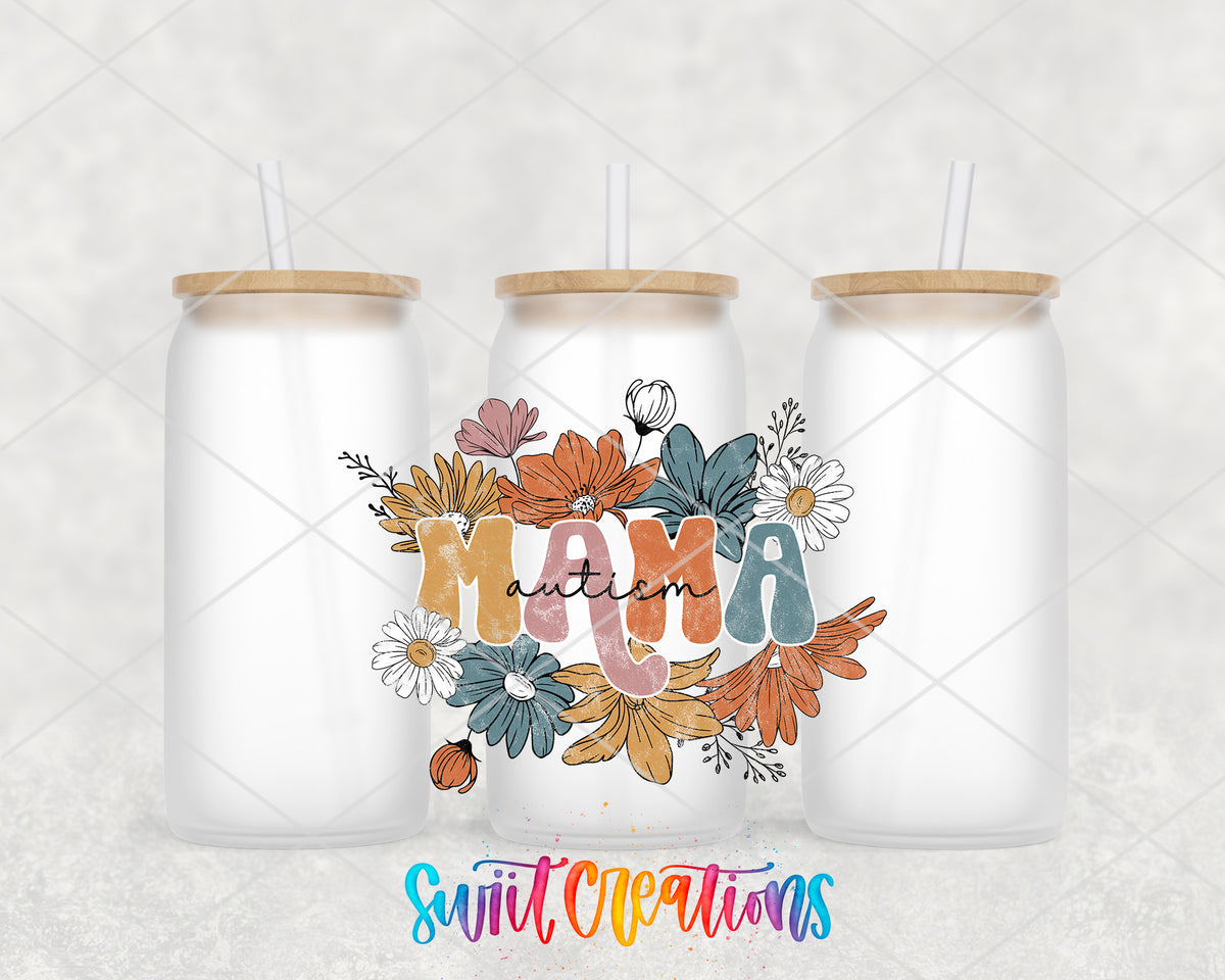 Autism Mama Floral frosted glass tumbler group view with lids and straws