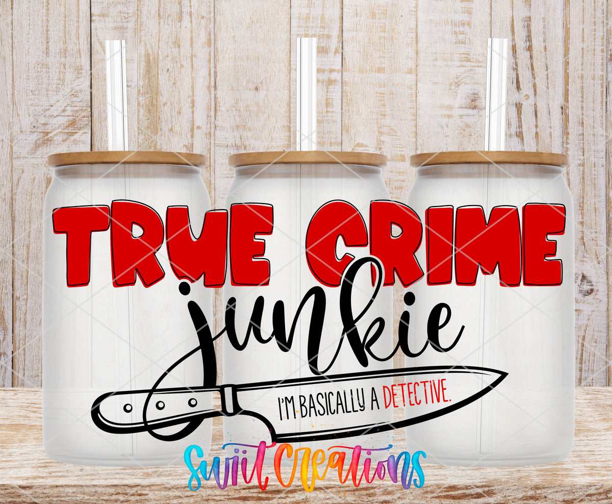True Crime Junkie frosted glass tumbler mockup with bamboo lids and straws