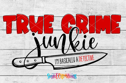 True Crime Junkie artwork detail for the finished 16 oz tumbler