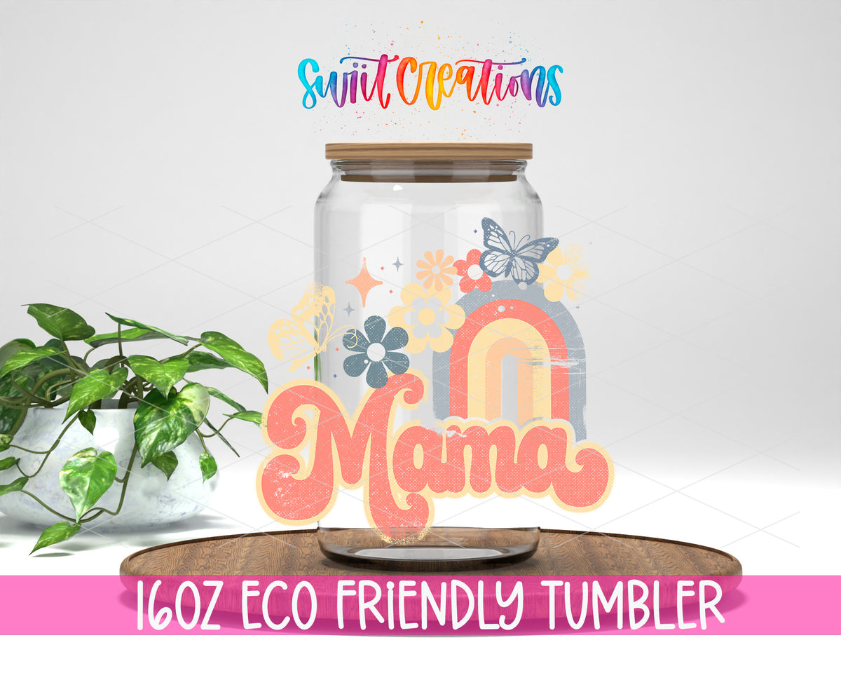 Mama Rainbow Floral design on a 16 oz clear glass tumbler with bamboo lid