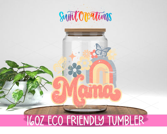 Mama Rainbow Floral design on a 16 oz clear glass tumbler with bamboo lid