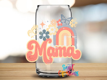 Mama Rainbow Floral design close-up on a clear glass can tumbler