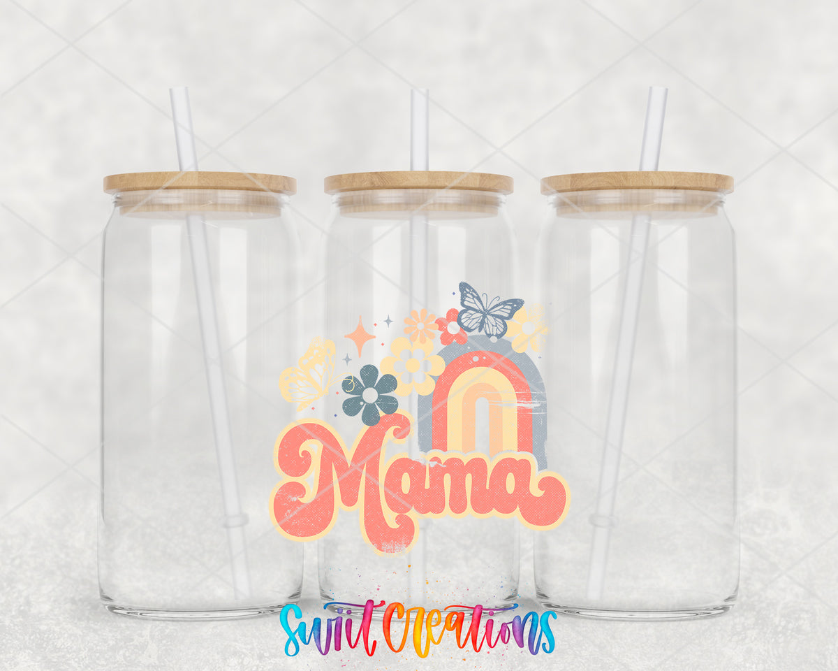 Mama Rainbow Floral clear glass tumbler group mockup with bamboo lids and straws