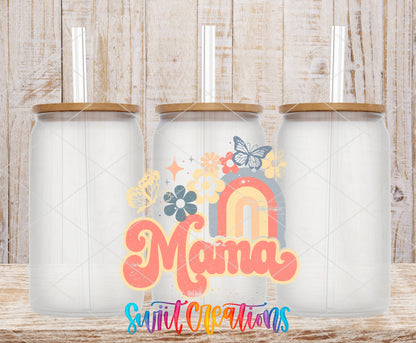 Mama Rainbow Floral frosted glass tumbler mockup with bamboo lids and straws