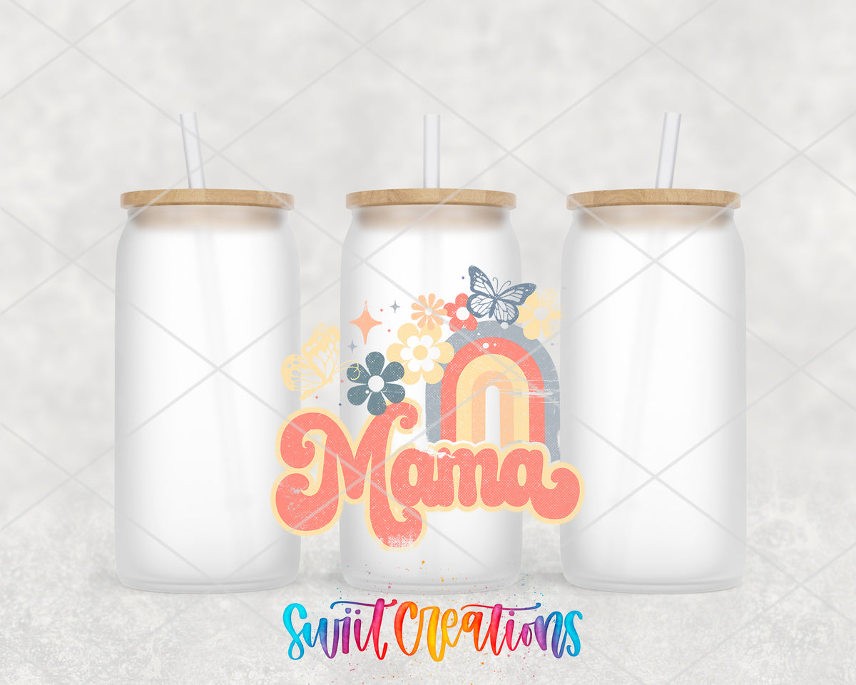 Mama Rainbow Floral frosted glass tumbler group view with lids and straws