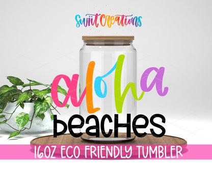 Aloha Beaches design on a 16 oz clear glass tumbler with bamboo lid